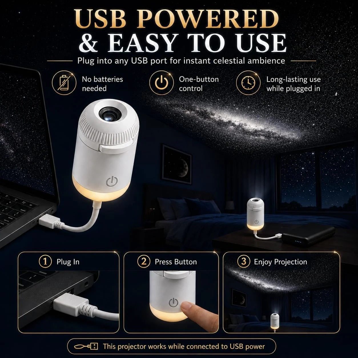 360° Rotating Galaxy Projector – LED Starry Sky Night Light for Bedroom